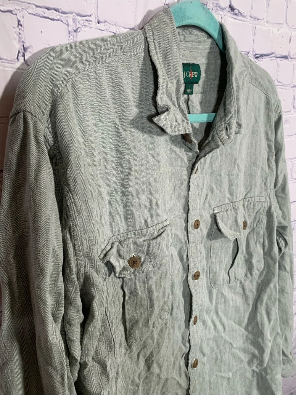 J.Crew Mens Linen Blend Herringbone Button Down Size L Green Gray Preppy Casual